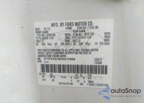 2013 Ford F-150 Lariat z USA, uszkodzony, nr VIN 1FTFX1EF8DKE10984